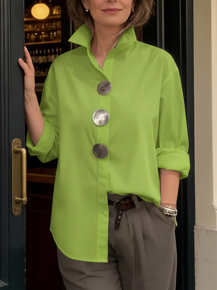 Women's Stand Collar Blouse with Statement Buttons in Green, Blue, Black, White, Burgundy & Pink | Relaxed Fit Long Sleeve Shirt with Roll-Back Cuffs | Elegant Everyday Blouse for Work & Weekend | Koossa