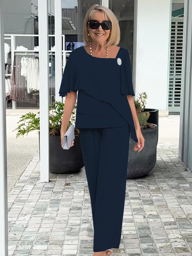 Women's Layered Chiffon Top and Wide-Leg Trousers Co-ord Set in Light Blue and Navy for Summer Garden Parties | Koossa