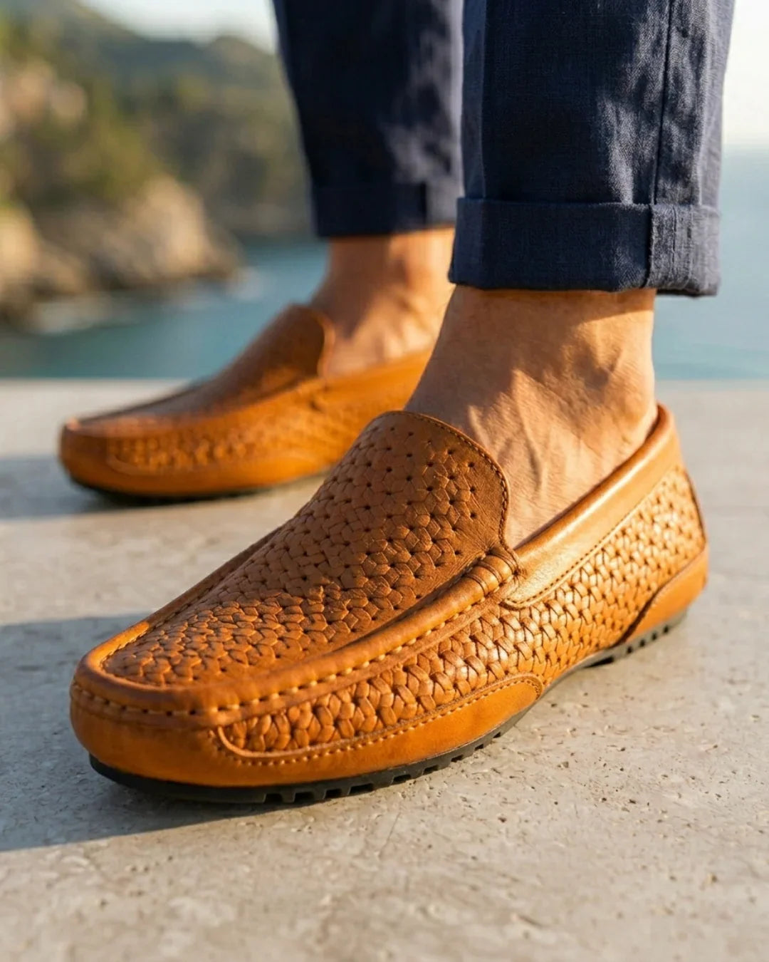 Men's Handwoven Leather Slip-On Loafers – Cushioned Insole, Flexible Rubber Sole, Casual Dress Shoes for Everyday Comfort | Lonoma