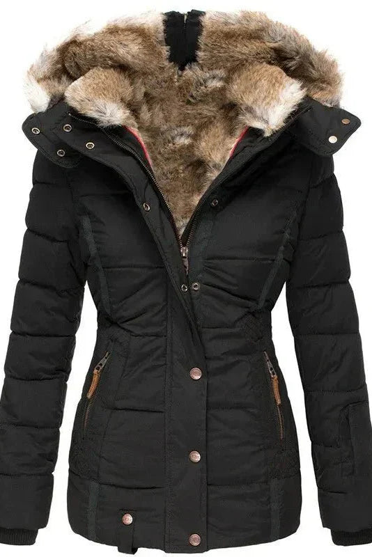Women's Quilted Puffer Coat with Faux Fur Trimmed Hood | Fitted Winter Jacket for Cold Weather Elegance | Koossa