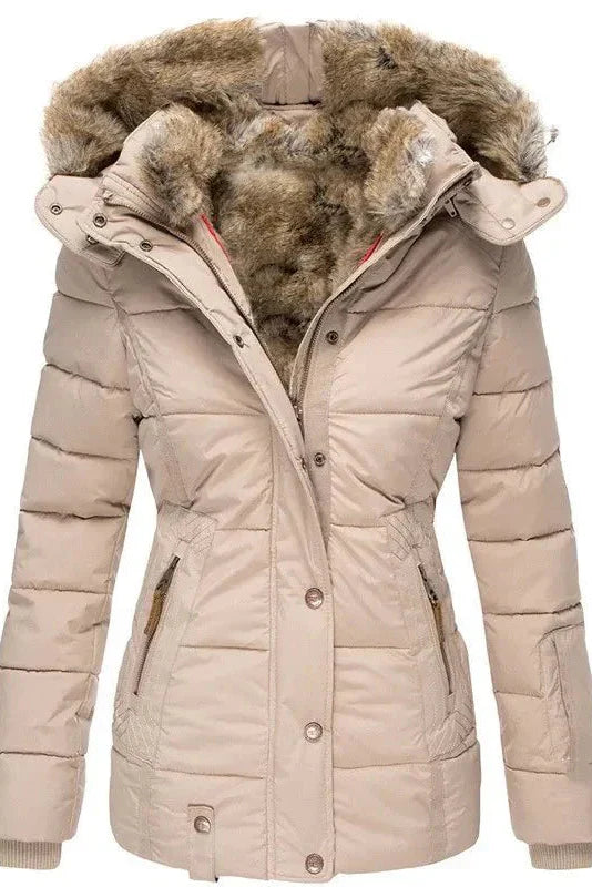 Women's Quilted Puffer Coat with Faux Fur Trimmed Hood | Fitted Winter Jacket for Cold Weather Elegance | Koossa