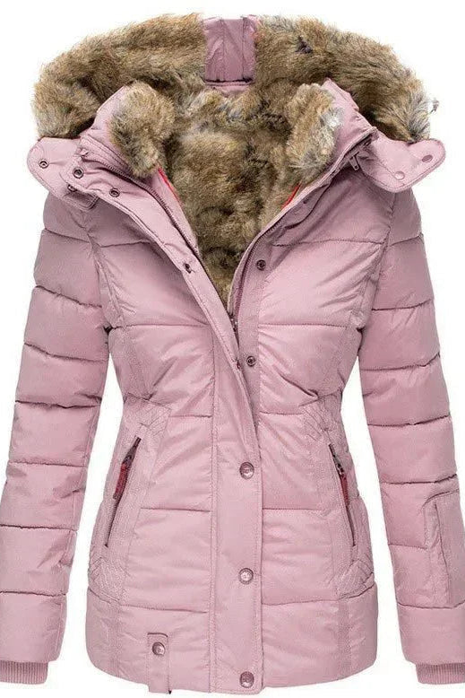 Women's Quilted Puffer Coat with Faux Fur Trimmed Hood | Fitted Winter Jacket for Cold Weather Elegance | Koossa