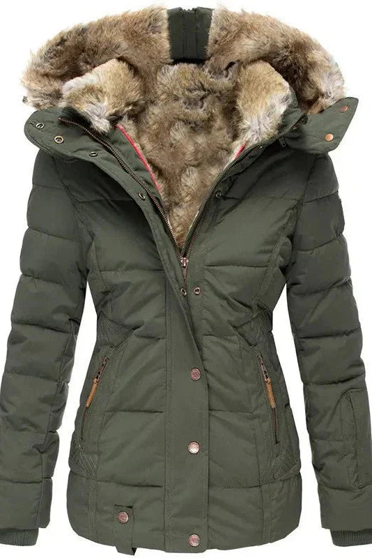Women's Quilted Puffer Coat with Faux Fur Trimmed Hood | Fitted Winter Jacket for Cold Weather Elegance | Koossa