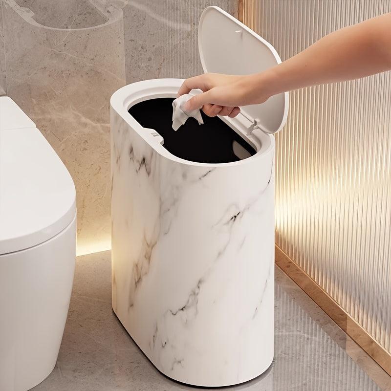 Poubelle Ovale Effet Marbre avec Couvercle 29 cm Salle de Bains Cuisine Compacte Décor Contemporain Élégant | Koossa