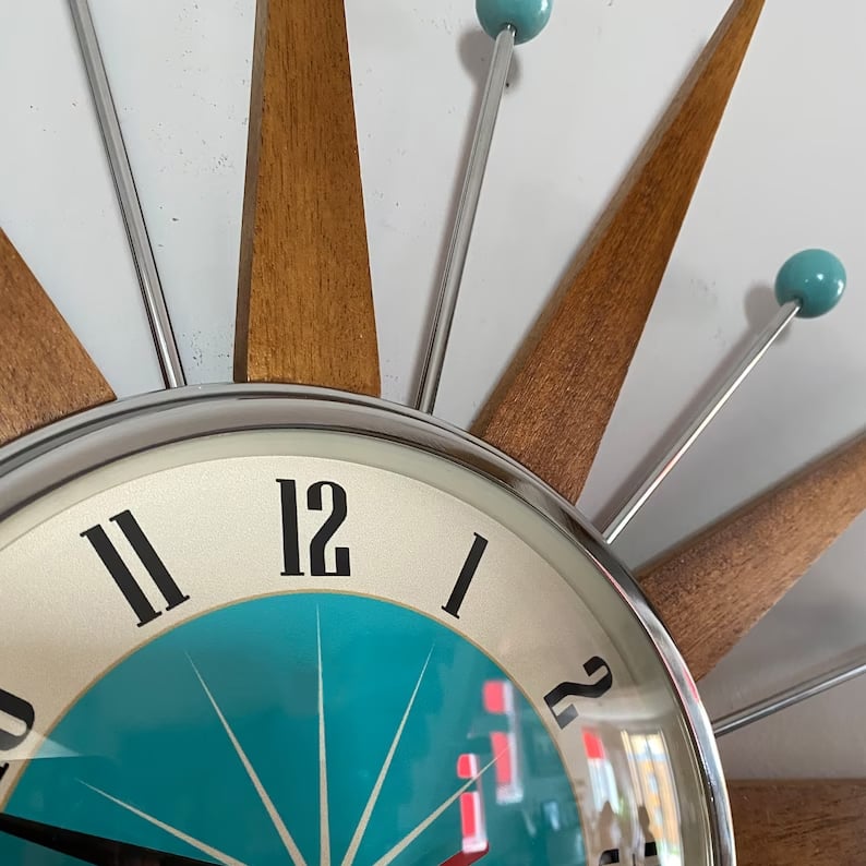 Square Wall Clock 15.7 Inch Silent Sunburst Design Handcrafted Battery Operated Retro Decorative Timepiece for Living Room Bedroom Office | Lonoma