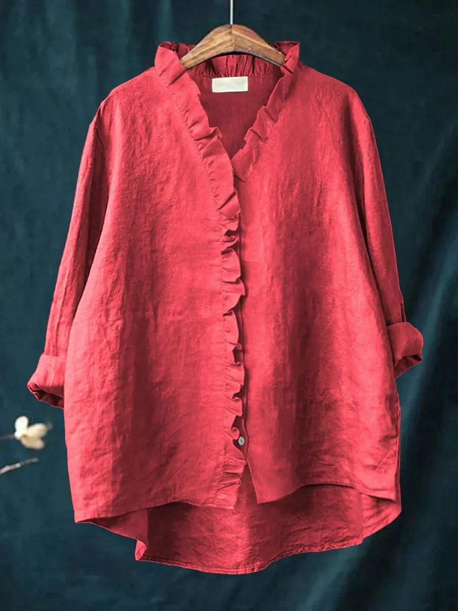 Women's Cotton-Linen V-Neck Blouse with Ruffle Detail in Seven Colours – Relaxed Fit Button-Front Top for Casual Elegance Spring Summer Everyday Wear | Koossa