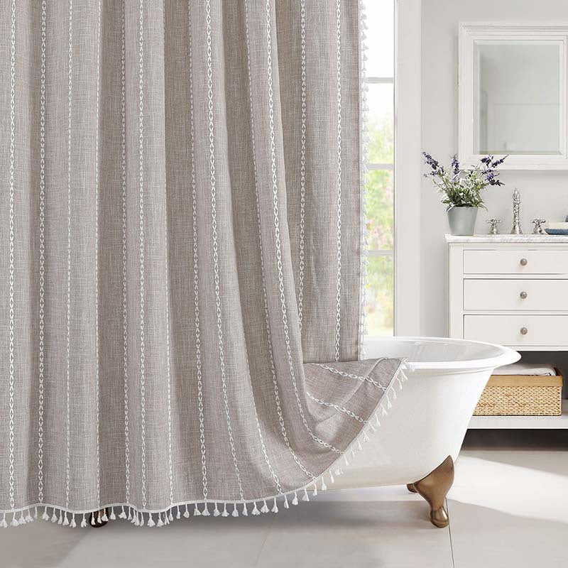 Rideau de Douche en Lin Tissé Imperméable avec Franges Bohème 180×200 cm Salle de Bains Beige à Carreaux | Koossa