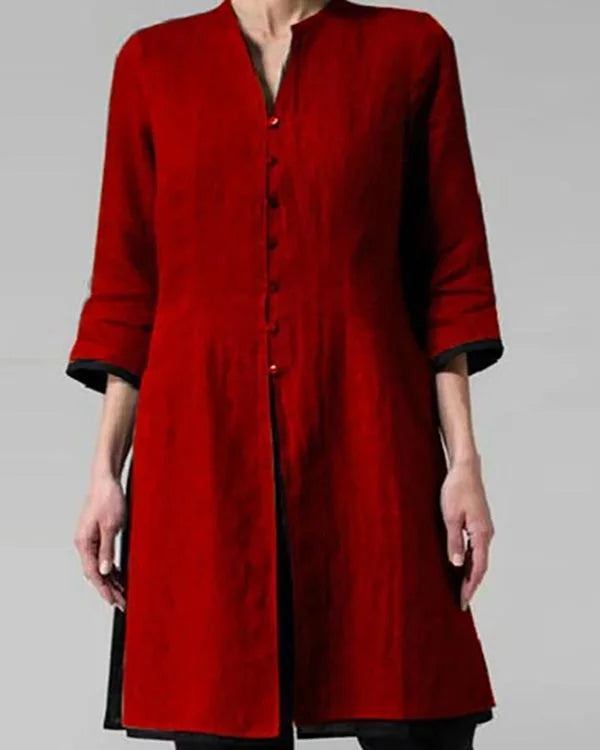 Women's Long-Sleeve Tunic Blouse with Mandarin Collar — Elegant Button-Through Shirt for Office & Casual Wear | Koossa
