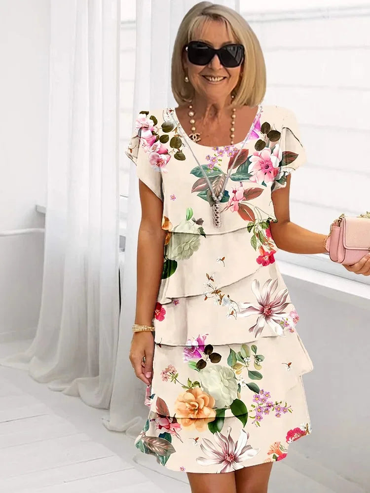 Women's Floral Tiered Midi Dress with Ruffled Hem — Elegant Day Dress for Garden Parties & Summer Occasions | Koossa