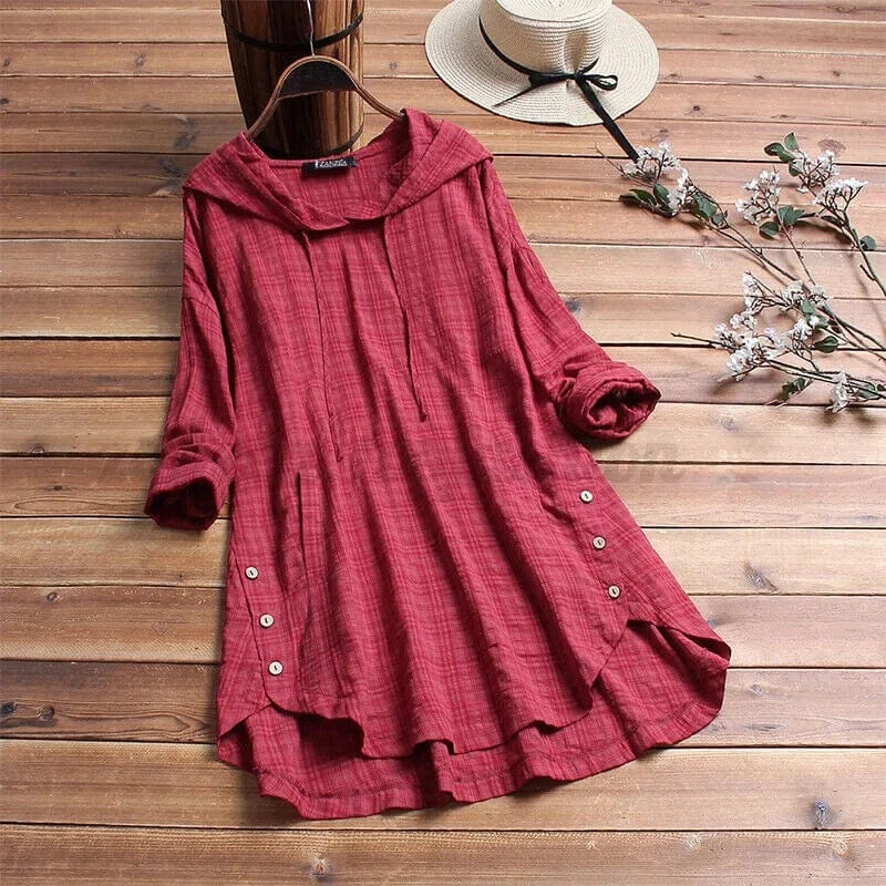Women's Cotton Hooded Tunic with Button Detail – Relaxed Fit Lightweight Cover-Up for Casual Wear and Coastal Strolls | Koossa