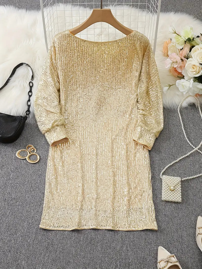 Sequinned Long-Sleeve Mini Dress in Relaxed Silhouette for Evening Occasions | Koossa
