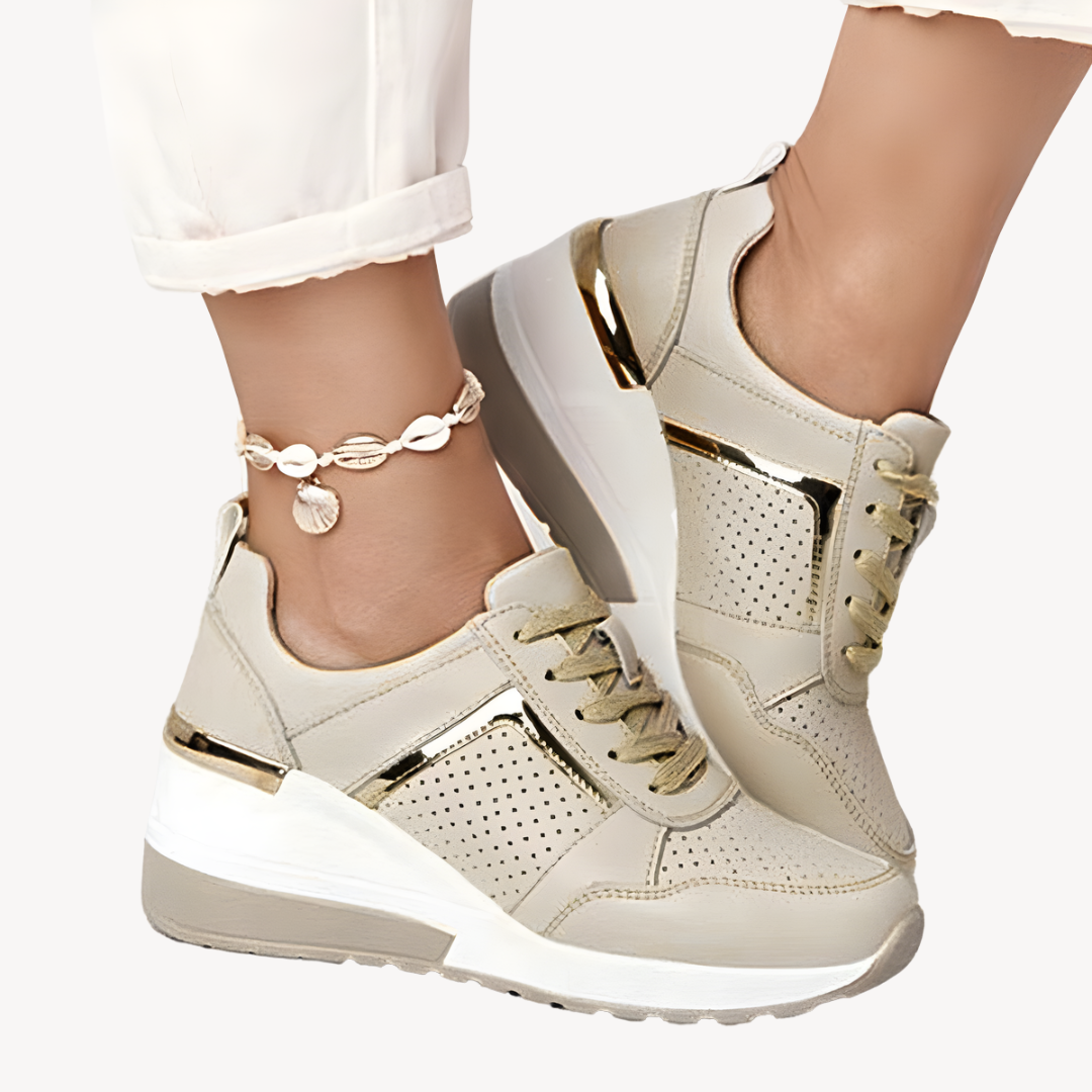 Women's Leather Wedge Trainers with Hidden Heel in Beige, Grey, Pink & White – Elevated Comfort for Town & Country | Koossa