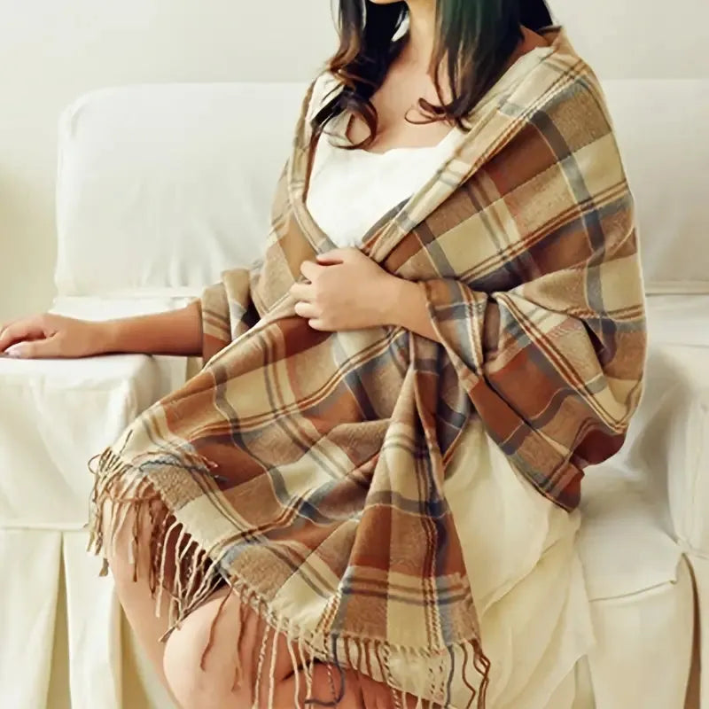 Women's Check Print Scarf — Soft Wool Scarf for Autumn and Winter Layering — Classic Accessory | Koossa