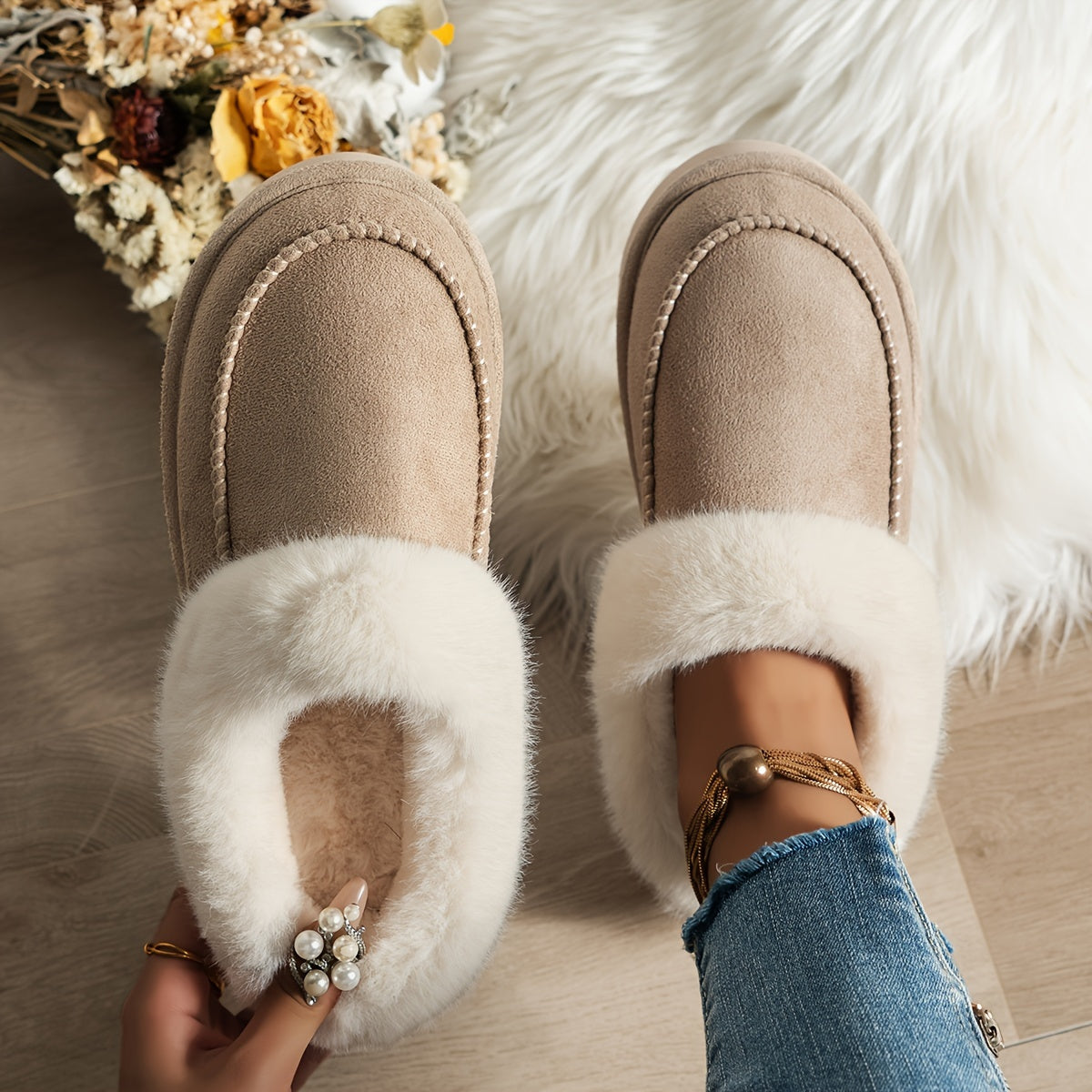 Women's Faux Fur Moccasin Slippers | Warm Indoor Outdoor Footwear in Black Brown Khaki | Cushioned Non-Slip Sole Winter House Shoes | Koossa