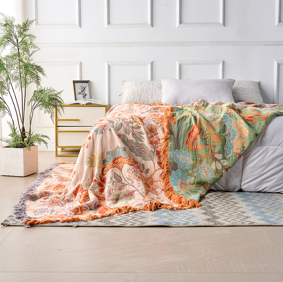 Plaid en Coton à Motifs Floraux Bohème – Crème, Orange et Bleu avec Franges – Pour Canapé, Lit et Fauteuil | Koossa