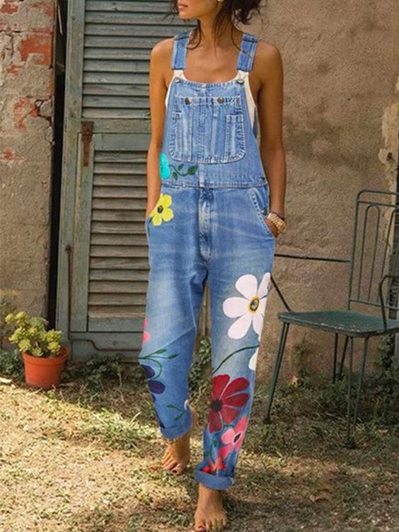Women's Sleeveless Floral Embroidered Jumpsuit — Relaxed Fit Casual Summer Jumpsuit with Adjustable Straps | Koossa
