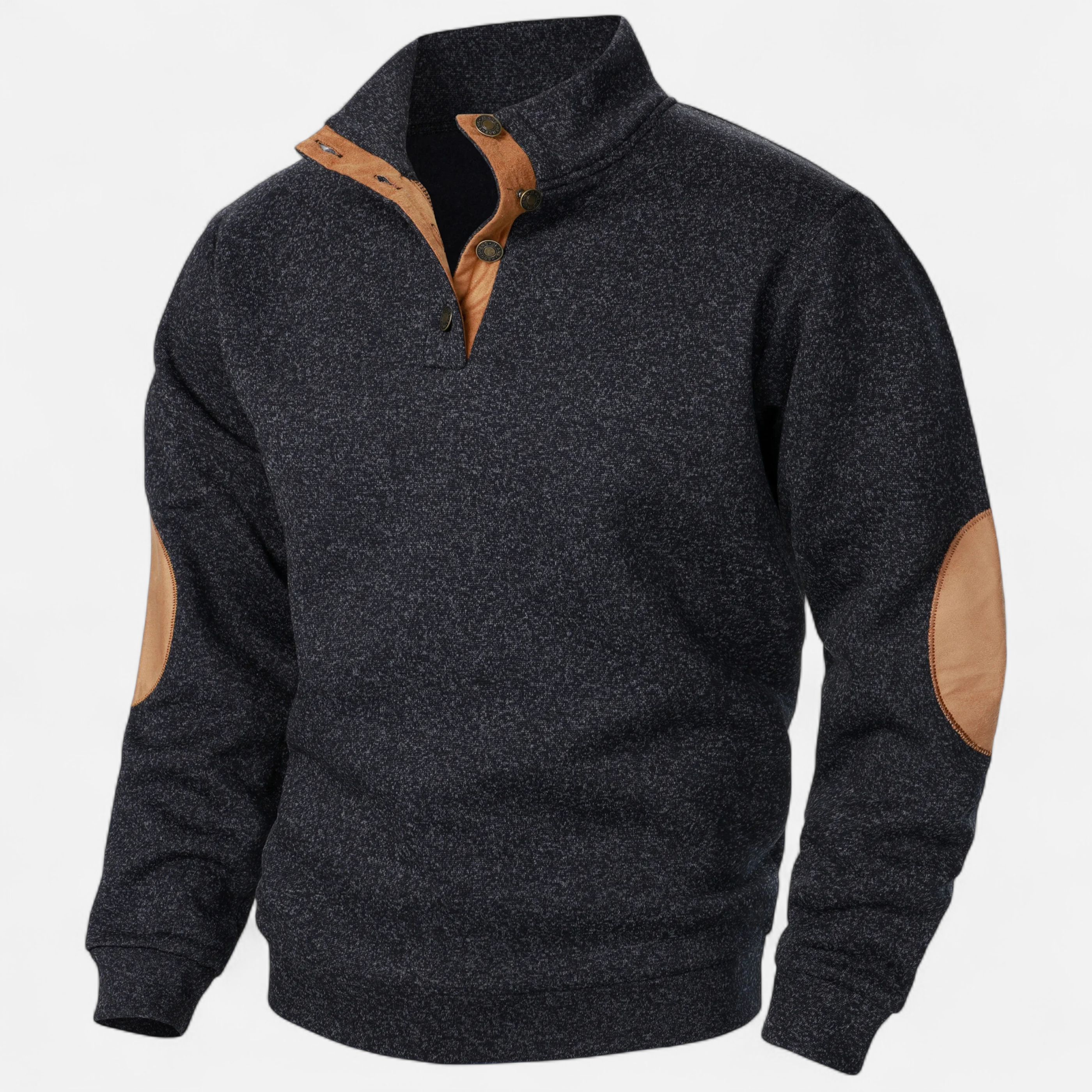 Stand-Collar Knitted Pullover with Elbow Patches in Nine Colours | Classic Half-Button Design for Office and Weekend | Warm Layering Jumper | Koossa