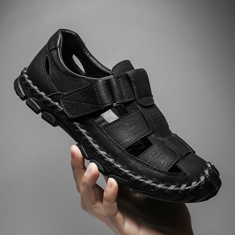 Closed-Toe Leather Fisherman Sandals for Men in Brown, Black and Grey – Supportive Everyday Summer Footwear with Adjustable Fastening and Breathable Cutout Design | Koossa