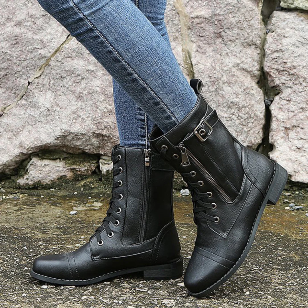 Lace-Up Ankle Boots with Side Buckle Detail in Brown, Black & Grey – Versatile Mid-Calf Silhouette for Everyday Elegance | Koossa