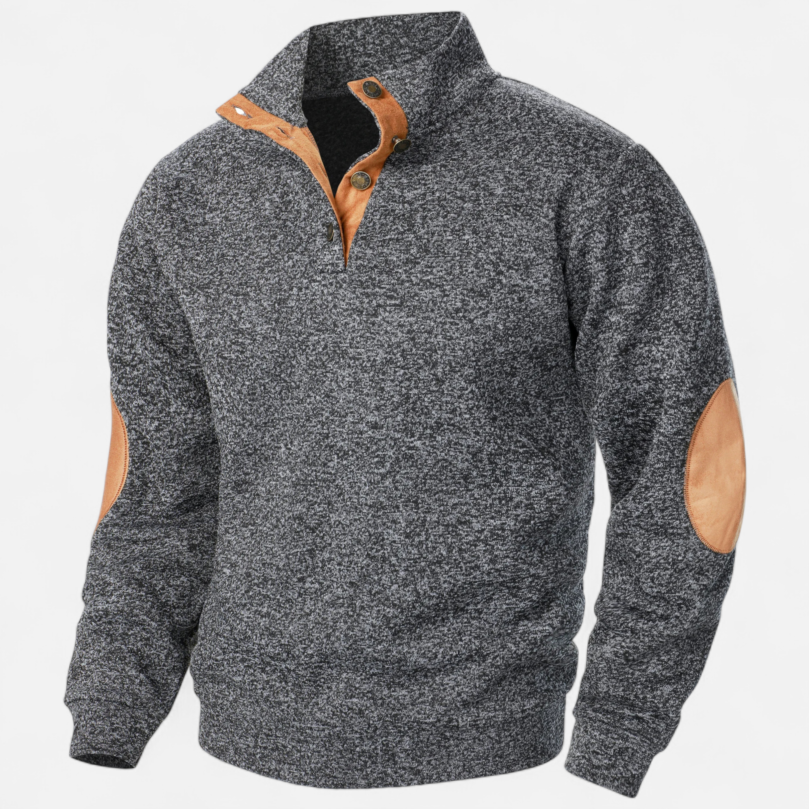 Stand-Collar Knitted Pullover with Elbow Patches in Nine Colours | Classic Half-Button Design for Office and Weekend | Warm Layering Jumper | Koossa