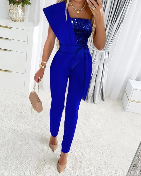 Women's Sequin One-Shoulder Jumpsuit — Elegant Wide-Leg Occasion Jumpsuit for Evening Events & Parties | Koossa