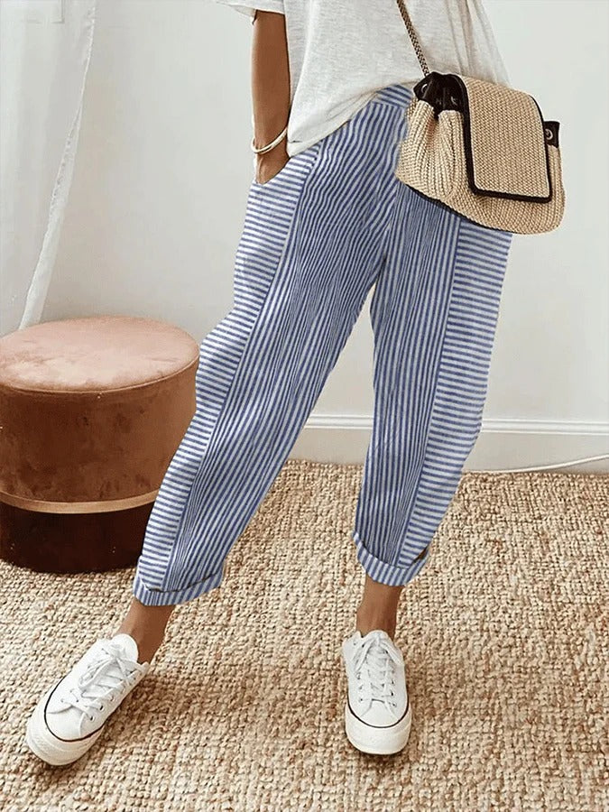 Lightweight Striped Wide-Leg Trousers with Elasticated Waist in Six Colours – Perfect for Warm-Weather Leisure and Travel | Koossa