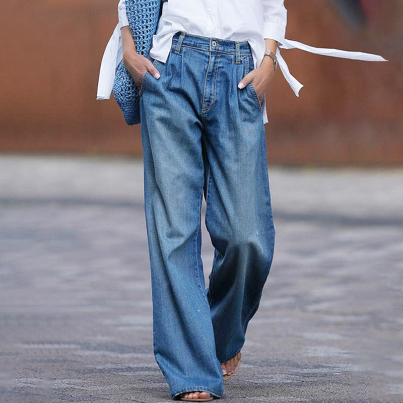Women's Blue Wide Leg Jeans — Relaxed Fit Denim Trousers for Everyday Comfort & Casual Weekend Style | Koossa
