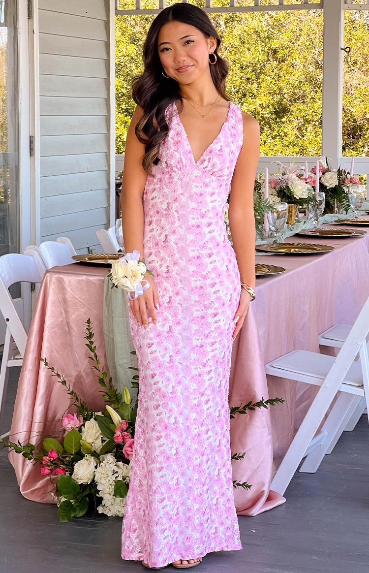 Women's Floral Print Maxi Dress Deep Neckline Pink Summer Wedding Guest Occasion Wear Body-Skimming Silhouette Romantic Elegant Garden Party | Koossa