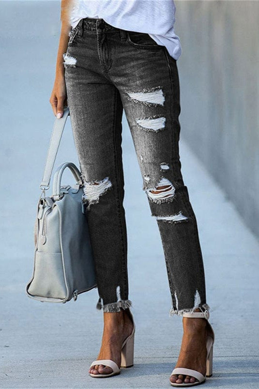 Straight Leg Jeans with Distressed Detail and Raw Hem in Light Blue | Timeless Denim Classic Casual Weekend Wear Five Pocket Design | Koossa