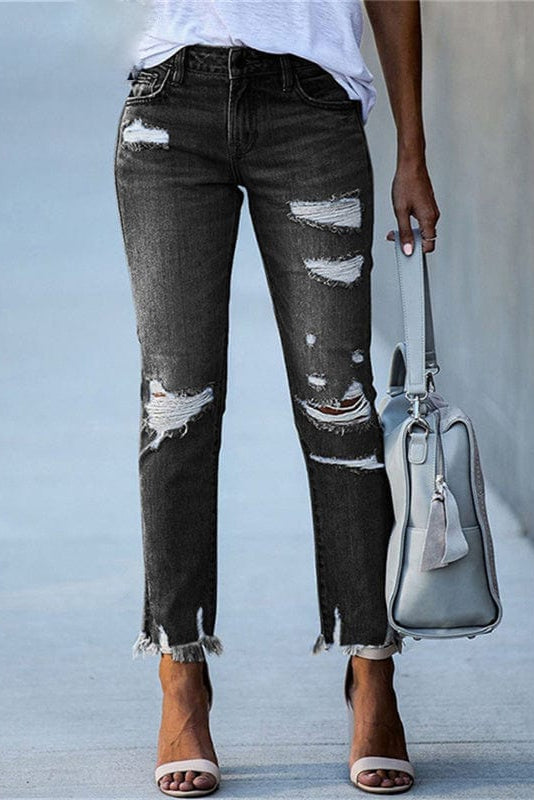 Straight Leg Jeans with Distressed Detail and Raw Hem in Light Blue | Timeless Denim Classic Casual Weekend Wear Five Pocket Design | Koossa