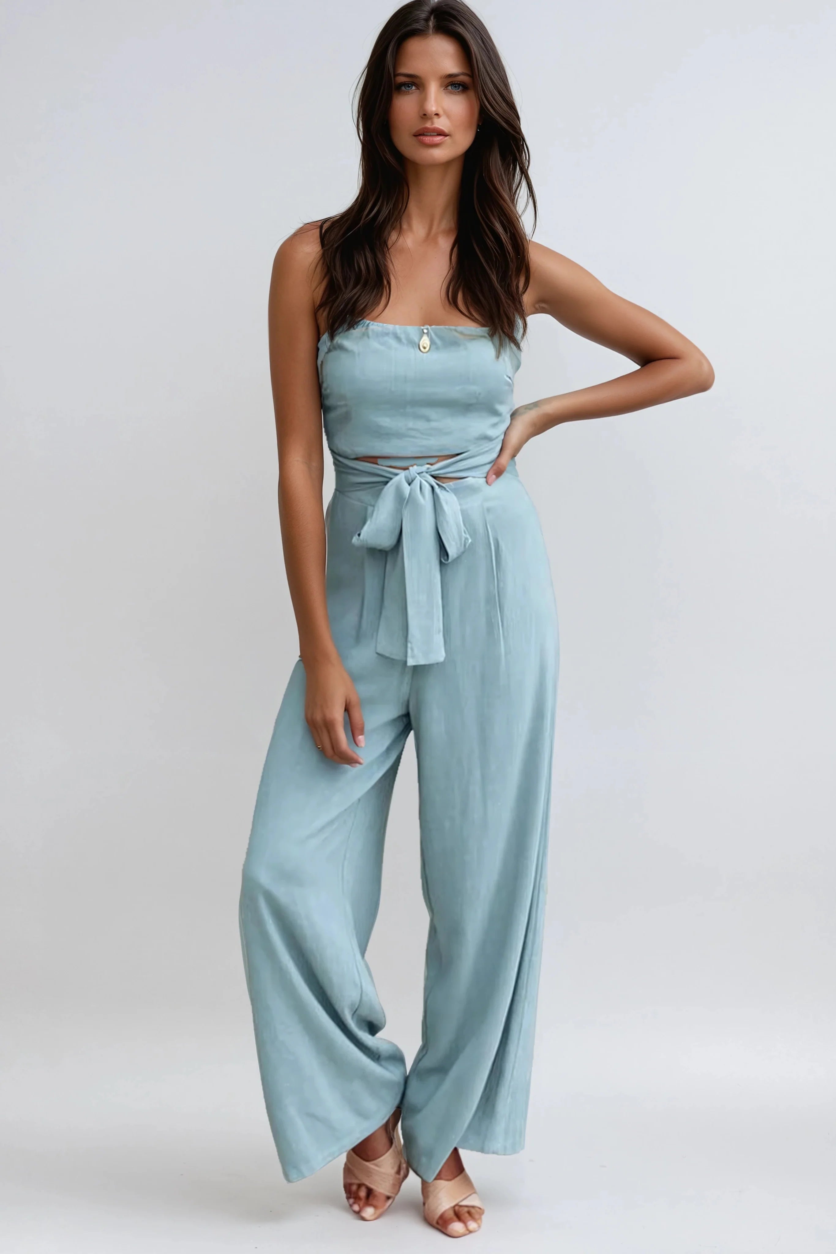 Strapless Wide-Leg Belted Jumpsuit in Khaki, Blue & White for Summer Occasions | Koossa