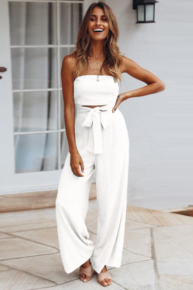 Strapless Wide-Leg Belted Jumpsuit in Khaki, Blue & White for Summer Occasions | Koossa