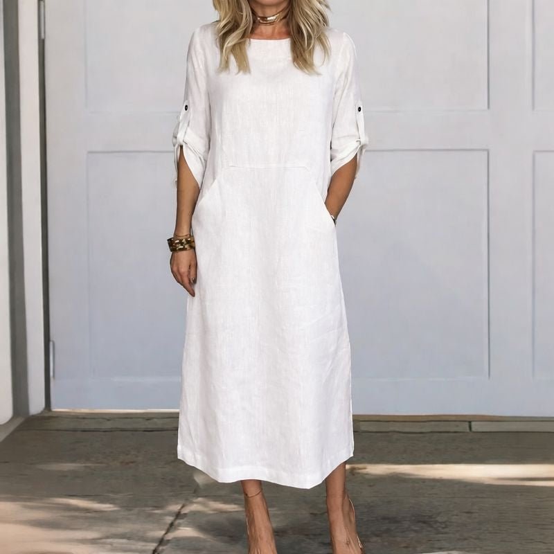 Women's Relaxed Midi Dress with Roll-Up Sleeves in Classic Colours for Effortless Summer Elegance | Koossa