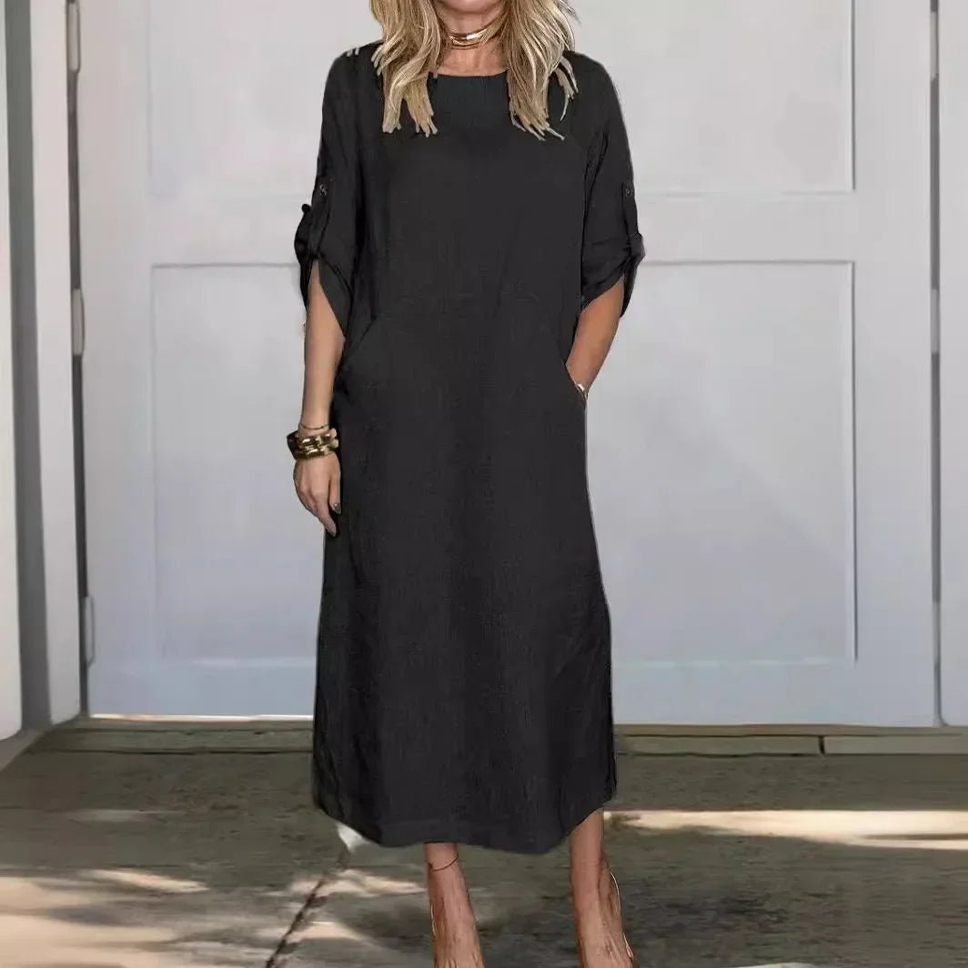 Women's Relaxed Midi Dress with Roll-Up Sleeves in Classic Colours for Effortless Summer Elegance | Koossa