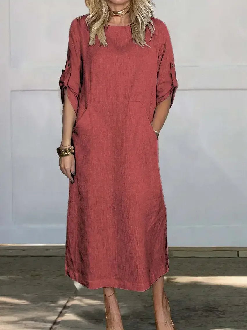 Women's Relaxed Midi Dress with Roll-Up Sleeves in Classic Colours for Effortless Summer Elegance | Koossa