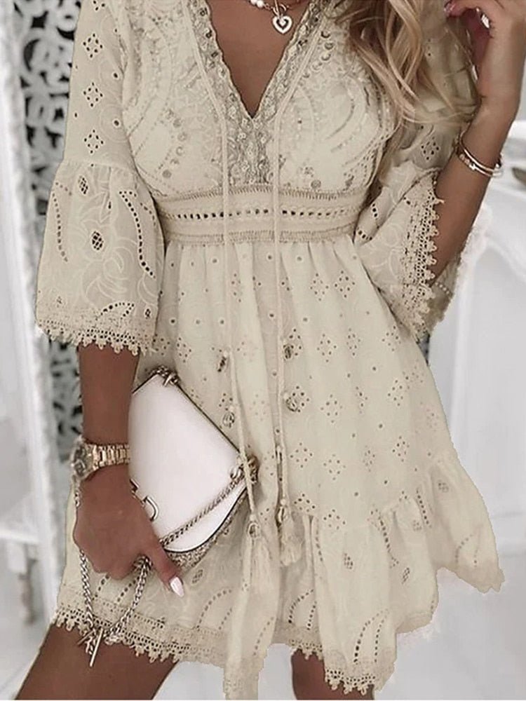Women's Cotton Lace Mini Dress with Bell Sleeves and V-Neck for Spring Garden Parties Romantic Occasions | Koossa