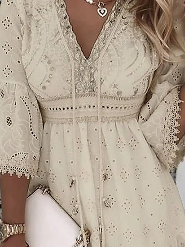 Women's Cotton Lace Mini Dress with Bell Sleeves and V-Neck for Spring Garden Parties Romantic Occasions | Koossa