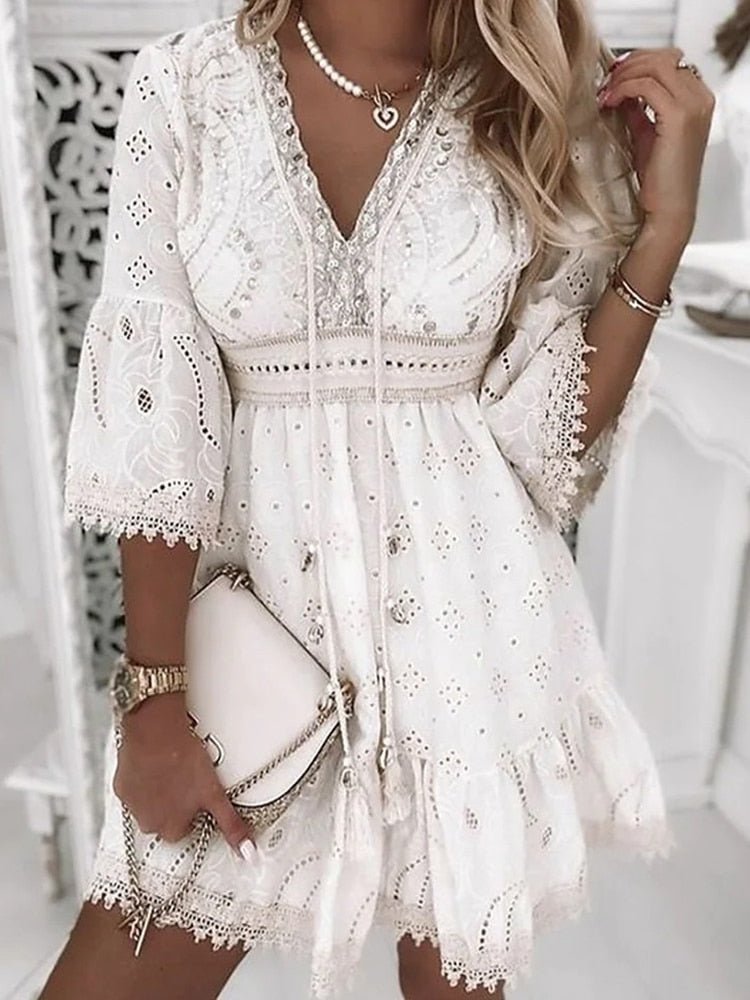 Women's Cotton Lace Mini Dress with Bell Sleeves and V-Neck for Spring Garden Parties Romantic Occasions | Koossa
