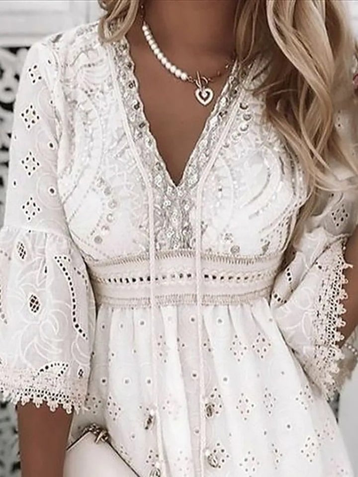 Women's Cotton Lace Mini Dress with Bell Sleeves and V-Neck for Spring Garden Parties Romantic Occasions | Koossa
