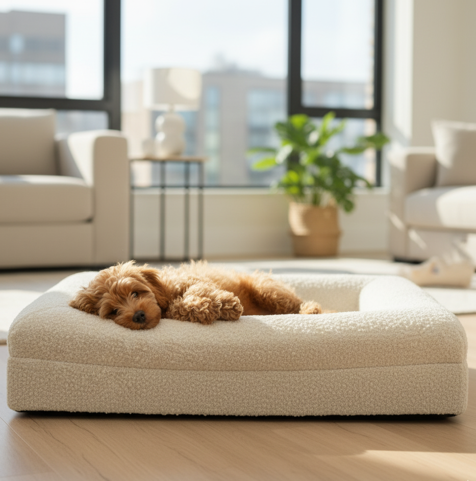 Dog Bed Bouclé Memory Foam Bolster Raised Sides Large Medium Orthopedic Dog Sofa Luxury Washable Cover Indoor Cream | Koossa