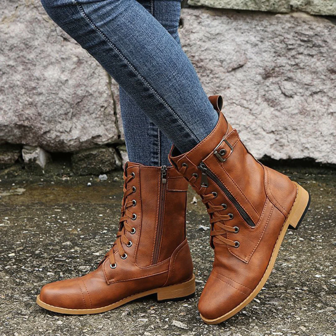 Lace-Up Ankle Boots with Side Buckle Detail in Brown, Black & Grey – Versatile Mid-Calf Silhouette for Everyday Elegance | Koossa