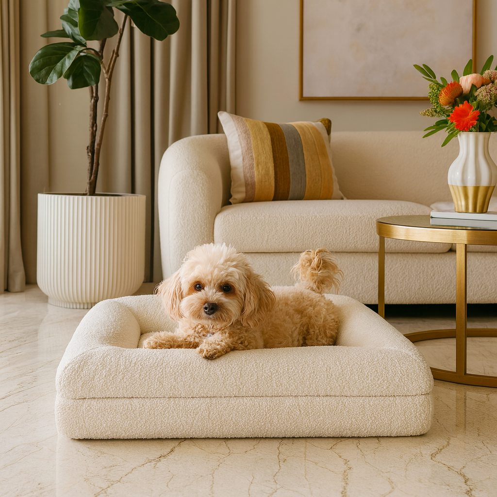 Dog Bed Bouclé Memory Foam Bolster Raised Sides Large Medium Orthopedic Dog Sofa Luxury Washable Cover Indoor Cream | Koossa