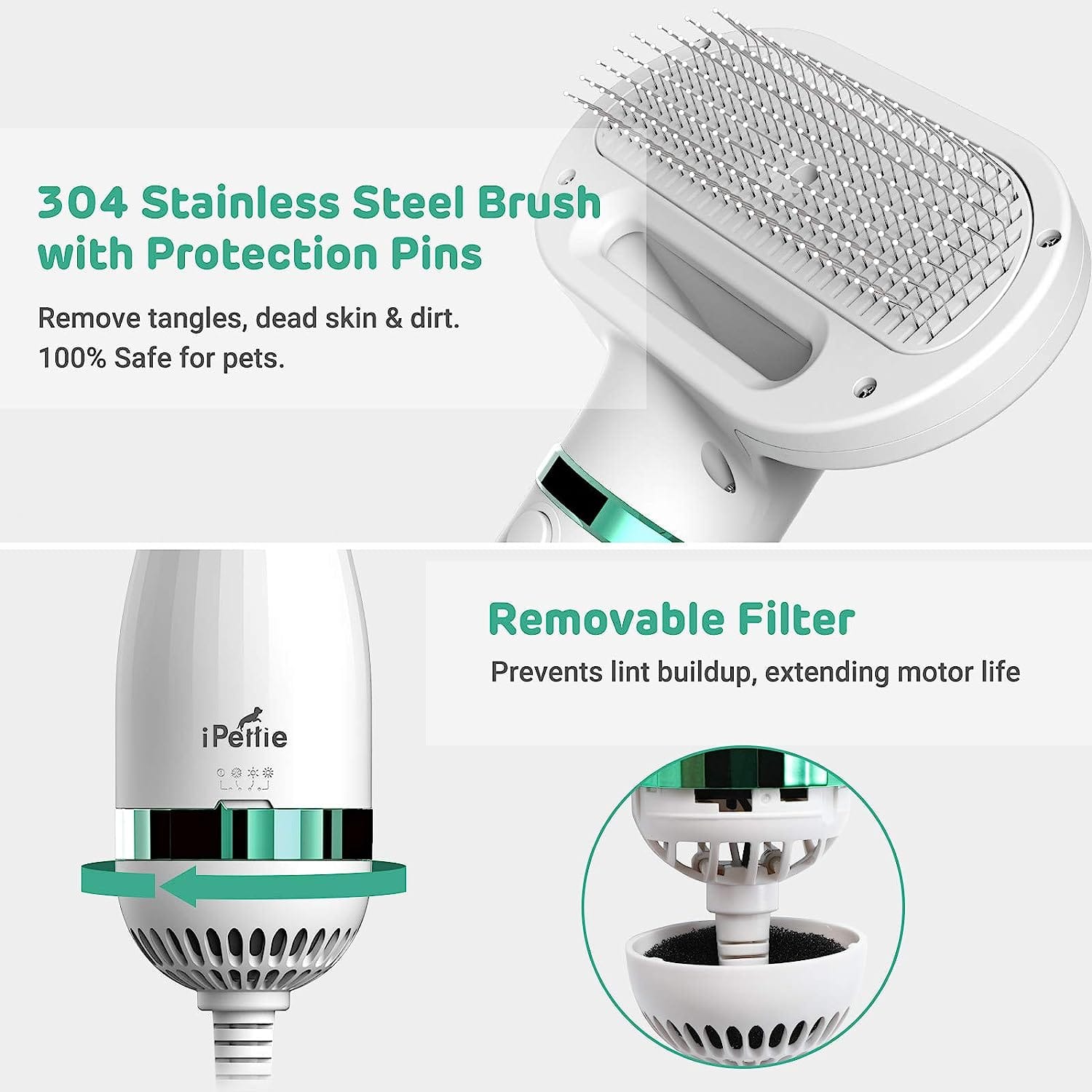 Pet Hair Dryer Comb 2-in-1 Stainless Steel 3-Speed 3-Temp 39–59°C 28cm Grooming Blow Dryer Dog Cat All Coat Types | Koossa