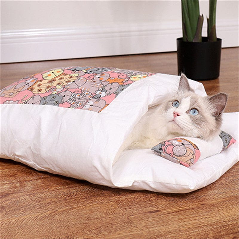 Cat Cave Bed Self-Warming Cotton Hooded Calming Cat Sleeping Bag Anti-Anxiety Nest Indoor Cosy Enclosed Cat Hideaway | Koossa