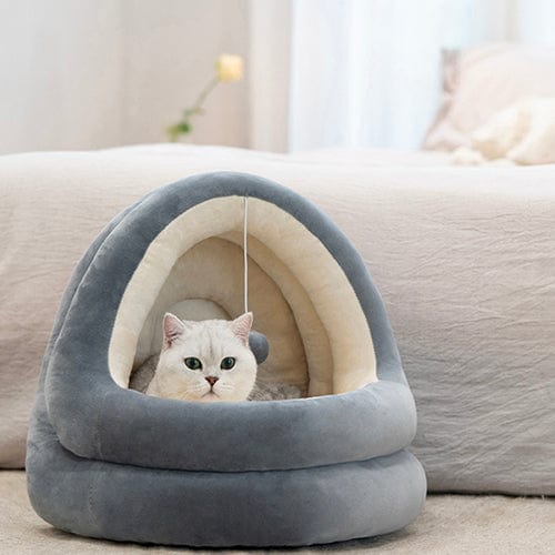 Cat Cave Bed Velvet Cotton Plush Hooded Enclosed Self-Warming Removable Cushion Swing Toy Small Large Anti-Anxiety Cat Hideaway Beige Grey | Koossa