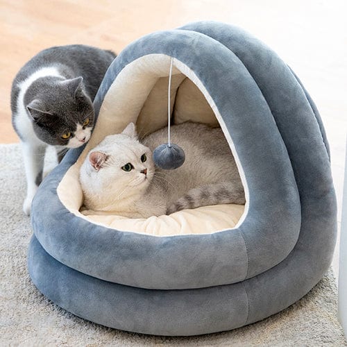 Cat Cave Bed Velvet Cotton Plush Hooded Enclosed Self-Warming Removable Cushion Swing Toy Small Large Anti-Anxiety Cat Hideaway Beige Grey | Koossa
