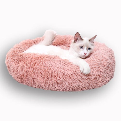Cat Calming Bed Plush Donut Round Washable Cover Anti-Anxiety Nesting Cat Bed Fluffy Shaggy Grey Curl-Up Indoor | Koossa