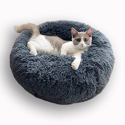 Cat Calming Bed Plush Donut Round Washable Cover Anti-Anxiety Nesting Cat Bed Fluffy Shaggy Grey Curl-Up Indoor | Koossa