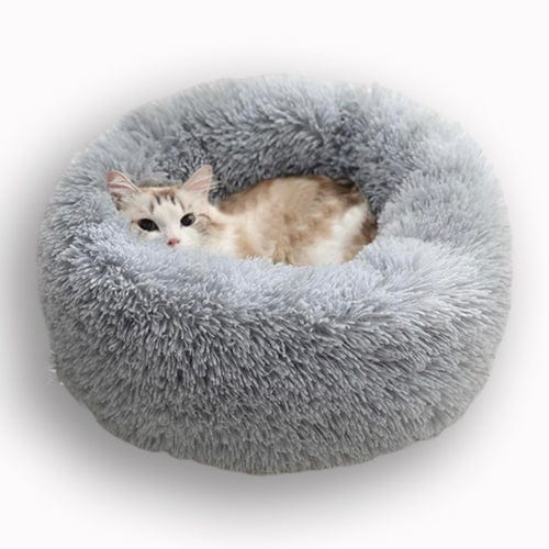 Cat Calming Bed Plush Donut Round Washable Cover Anti-Anxiety Nesting Cat Bed Fluffy Shaggy Grey Curl-Up Indoor | Koossa