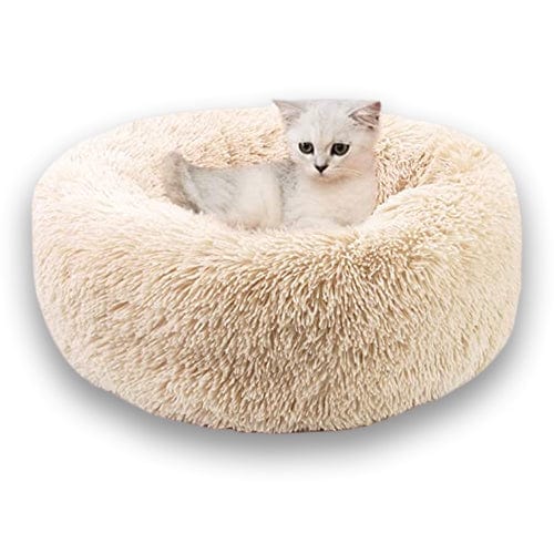 Cat Calming Bed Plush Donut Round Washable Cover Anti-Anxiety Nesting Cat Bed Fluffy Shaggy Grey Curl-Up Indoor | Koossa